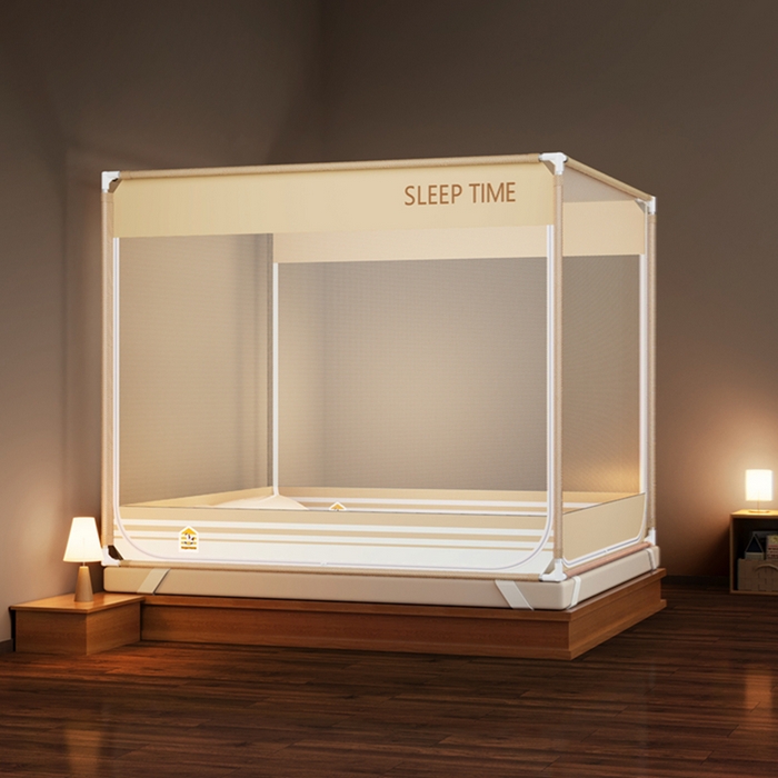 青竹苑 2026新款三门全底外穿坐床式蚊帐儿童防摔防蚊拉链方帐 浅米咖