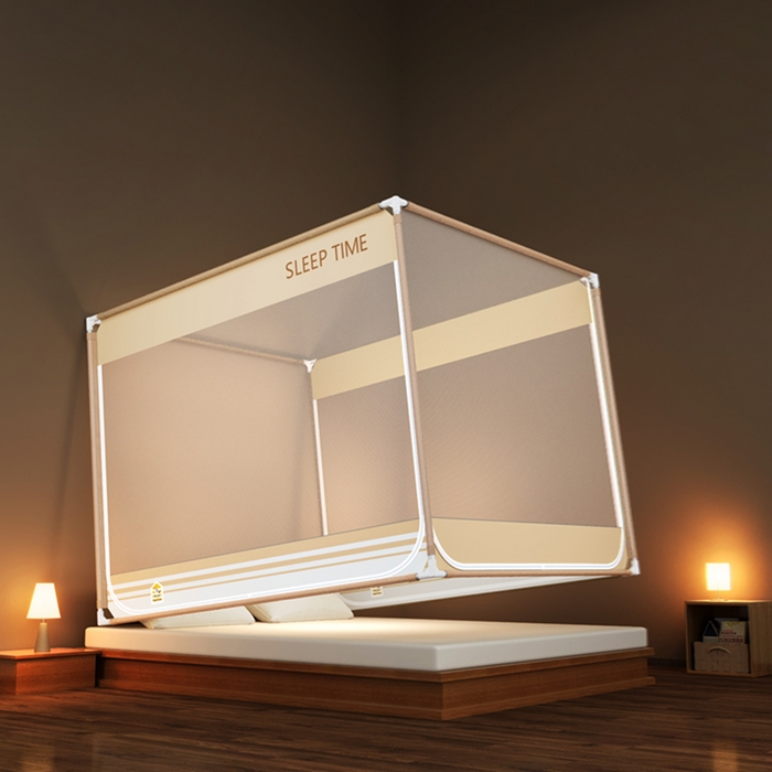 91家纺网 家纺一手货源 找家纺 青竹苑 2026新款三门全底外穿坐床式蚊帐儿童防摔防蚊拉链方帐 浅米咖