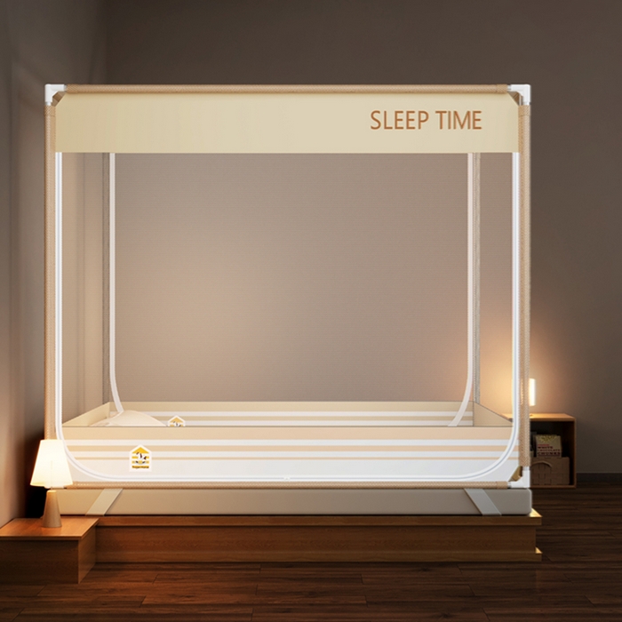 91家纺网 家纺一手货源 找家纺 青竹苑 2026新款三门全底外穿坐床式蚊帐儿童防摔防蚊拉链方帐 浅米咖