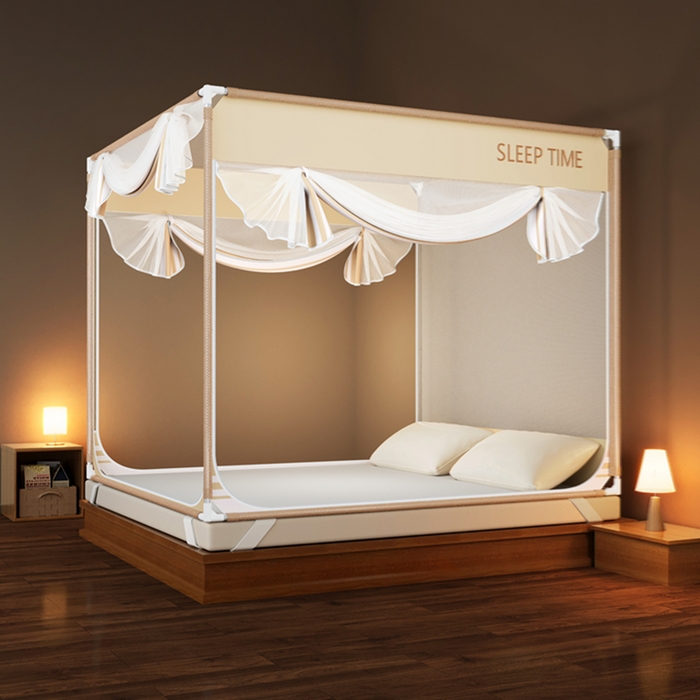 91家纺网 家纺一手货源 找家纺 青竹苑 2026新款三门全底外穿坐床式蚊帐儿童防摔防蚊拉链方帐 浅米咖