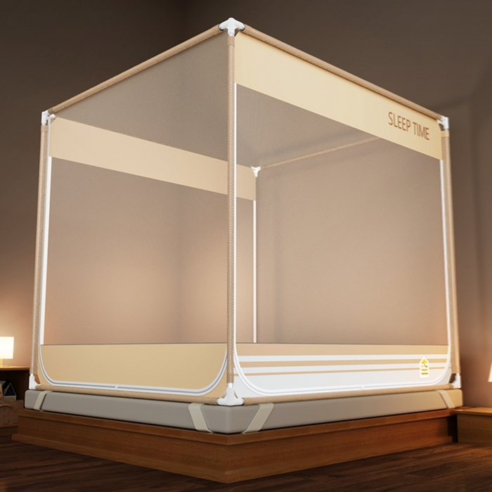 91家纺网 家纺一手货源 找家纺 青竹苑 2026新款三门全底外穿坐床式蚊帐儿童防摔防蚊拉链方帐 浅米咖