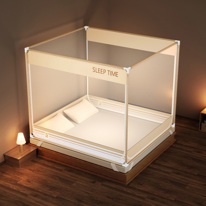 91家纺网 家纺一手货源 找家纺 青竹苑 2026新款三门全底外穿坐床式蚊帐儿童防摔防蚊拉链方帐 浅米咖