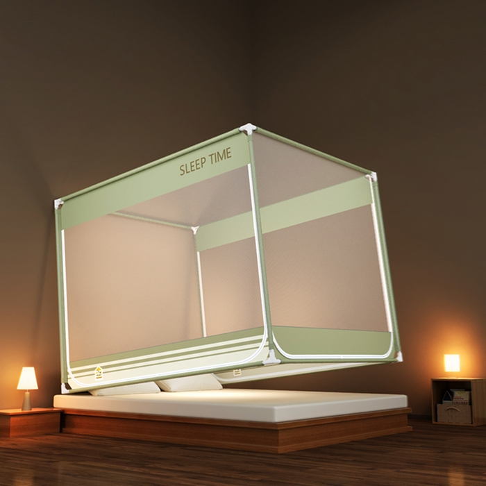 91家纺网 家纺一手货源 找家纺 青竹苑 2026新款三门全底外穿坐床式蚊帐儿童防摔防蚊拉链方帐 若草绿