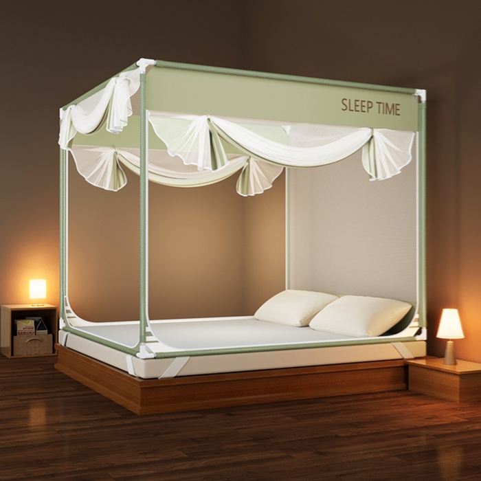 91家纺网 家纺一手货源 找家纺 青竹苑 2026新款三门全底外穿坐床式蚊帐儿童防摔防蚊拉链方帐 若草绿