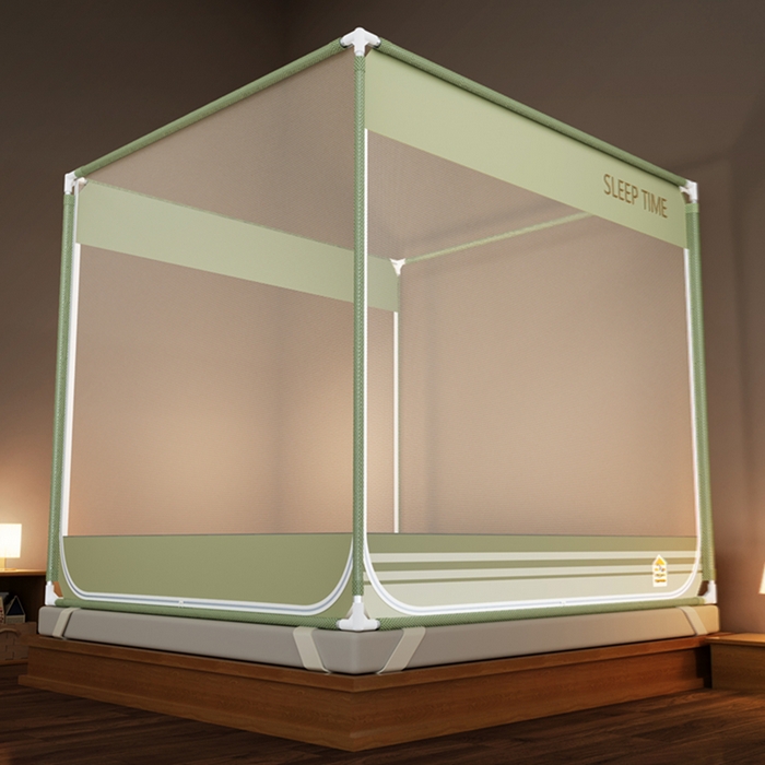 91家纺网 家纺一手货源 找家纺 青竹苑 2026新款三门全底外穿坐床式蚊帐儿童防摔防蚊拉链方帐 若草绿