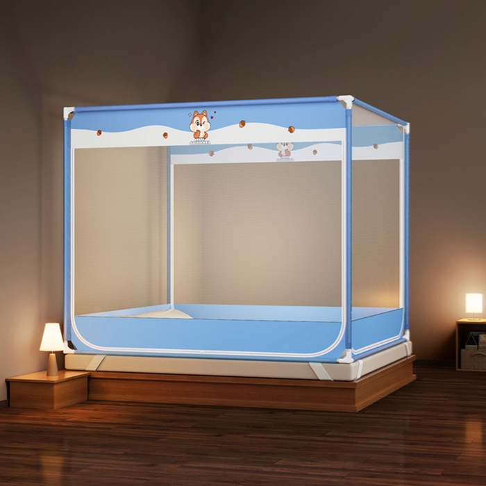 青竹苑 2026新款三门全底外穿坐床式蚊帐儿童防摔防蚊拉链方帐 松果蓝