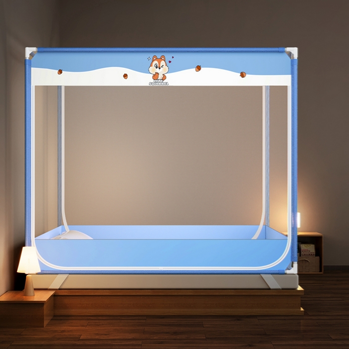 91家纺网 家纺一手货源 找家纺 青竹苑 2026新款三门全底外穿坐床式蚊帐儿童防摔防蚊拉链方帐 松果蓝