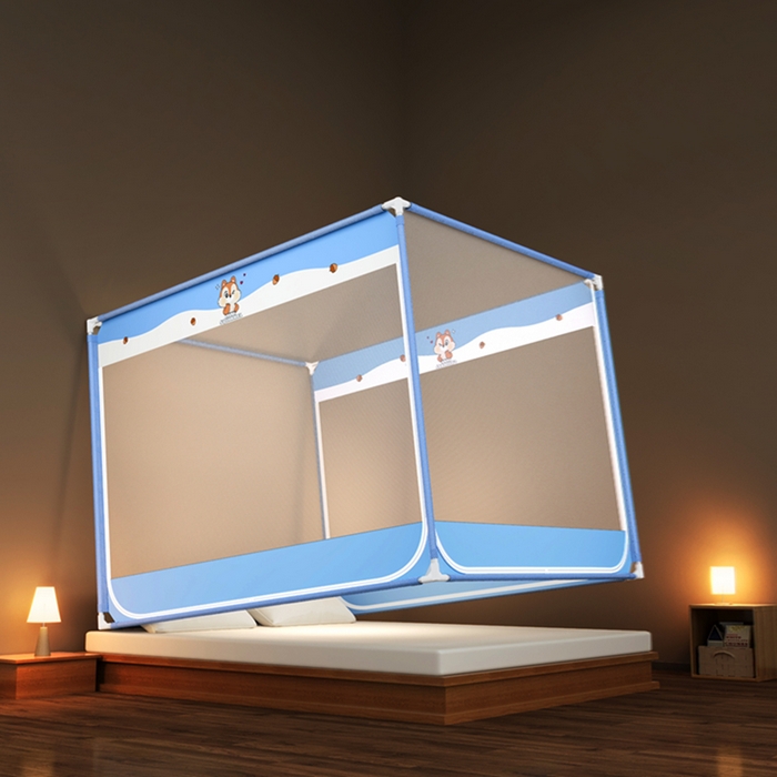 91家纺网 家纺一手货源 找家纺 青竹苑 2026新款三门全底外穿坐床式蚊帐儿童防摔防蚊拉链方帐 松果蓝