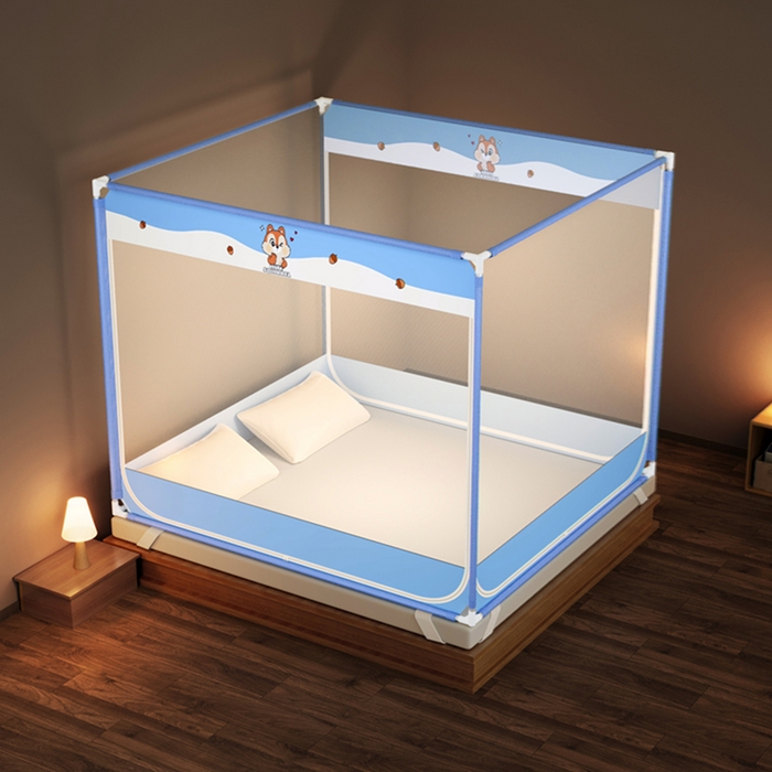 91家纺网 家纺一手货源 找家纺 青竹苑 2026新款三门全底外穿坐床式蚊帐儿童防摔防蚊拉链方帐 松果蓝