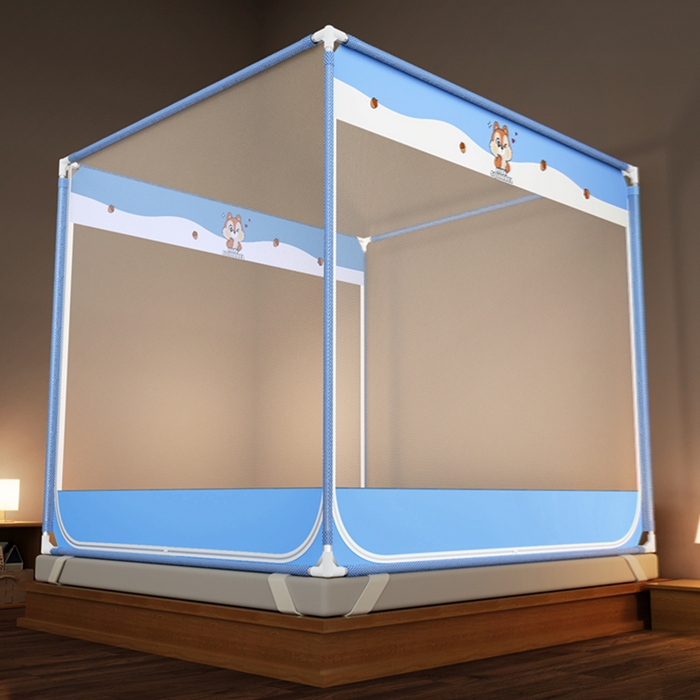 91家纺网 家纺一手货源 找家纺 青竹苑 2026新款三门全底外穿坐床式蚊帐儿童防摔防蚊拉链方帐 松果蓝