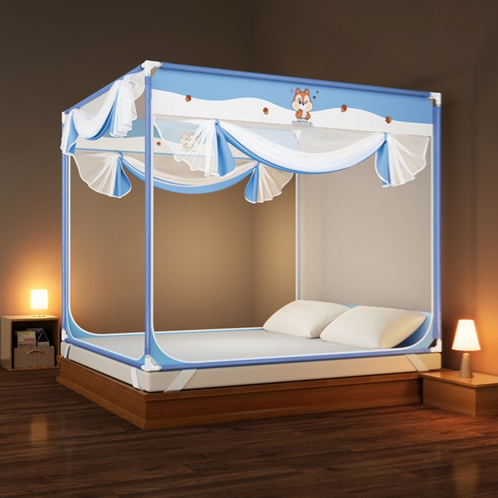 91家纺网 家纺一手货源 找家纺 青竹苑 2026新款三门全底外穿坐床式蚊帐儿童防摔防蚊拉链方帐 松果蓝