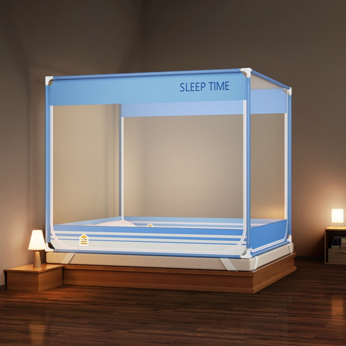 青竹苑 2026新款三门全底外穿坐床式蚊帐儿童防摔防蚊拉链方帐 条纹星蓝