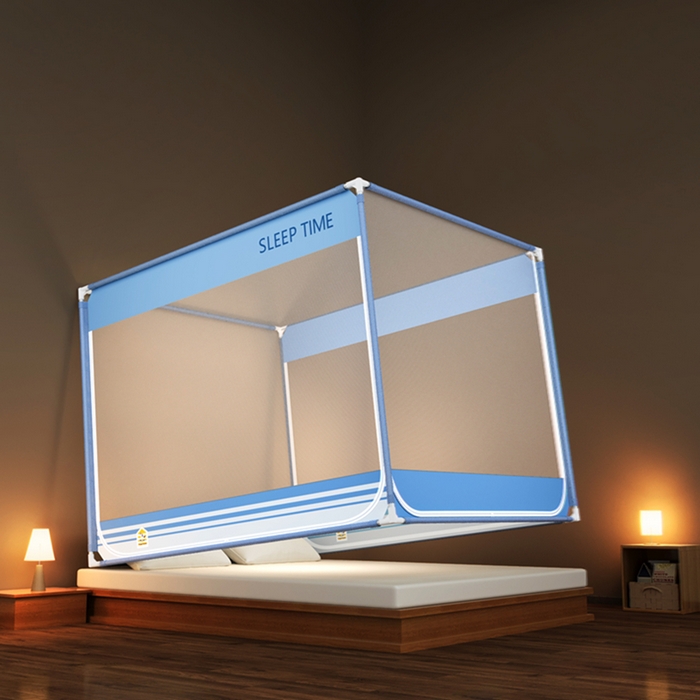 91家纺网 家纺一手货源 找家纺 青竹苑 2026新款三门全底外穿坐床式蚊帐儿童防摔防蚊拉链方帐 条纹星蓝