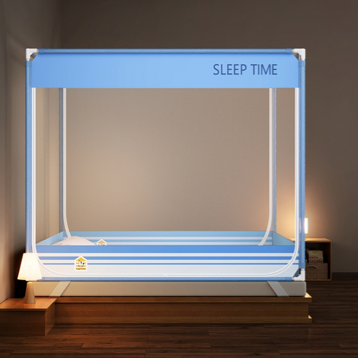 91家纺网 家纺一手货源 找家纺 青竹苑 2026新款三门全底外穿坐床式蚊帐儿童防摔防蚊拉链方帐 条纹星蓝