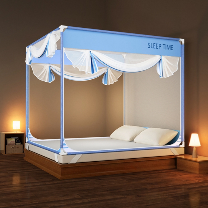 91家纺网 家纺一手货源 找家纺 青竹苑 2026新款三门全底外穿坐床式蚊帐儿童防摔防蚊拉链方帐 条纹星蓝