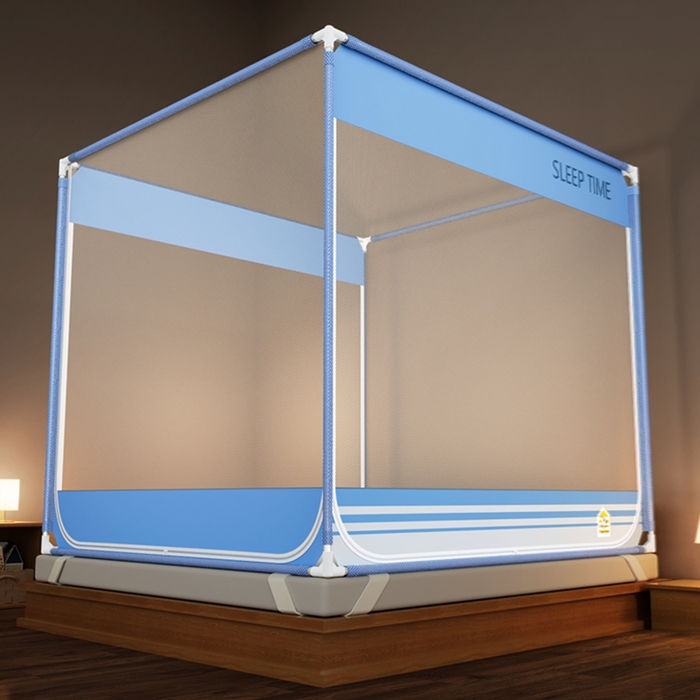 91家纺网 家纺一手货源 找家纺 青竹苑 2026新款三门全底外穿坐床式蚊帐儿童防摔防蚊拉链方帐 条纹星蓝