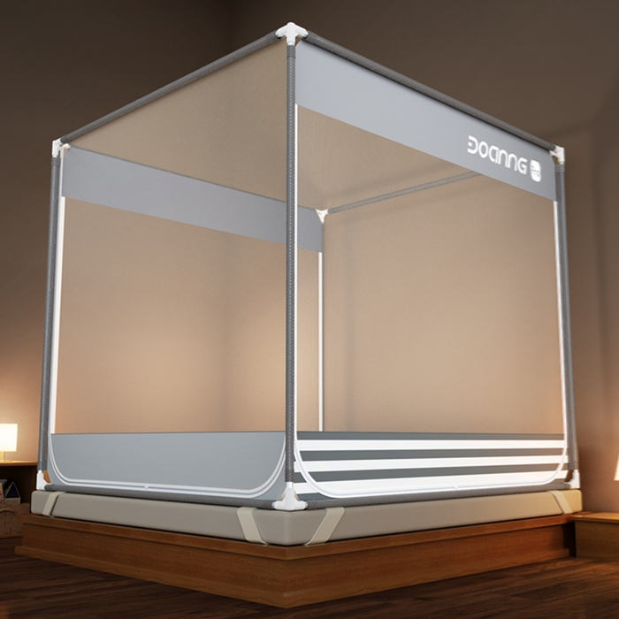 91家纺网 家纺一手货源 找家纺 青竹苑 2026新款三门全底外穿坐床式蚊帐儿童防摔防蚊拉链方帐 夜光灰