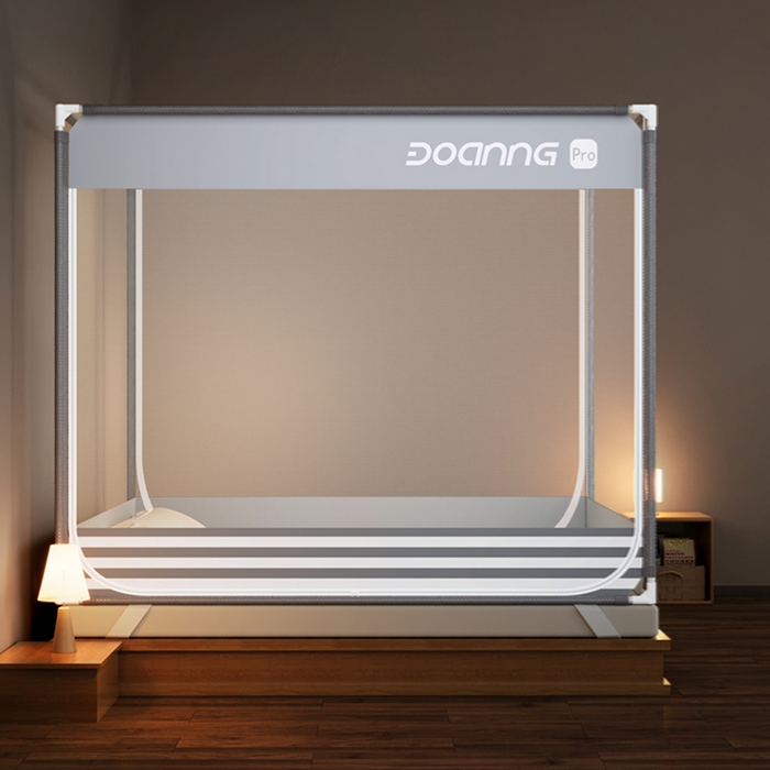 91家纺网 家纺一手货源 找家纺 青竹苑 2026新款三门全底外穿坐床式蚊帐儿童防摔防蚊拉链方帐 夜光灰