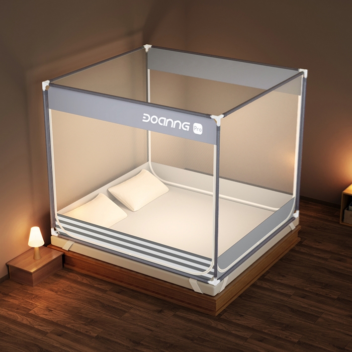 91家纺网 家纺一手货源 找家纺 青竹苑 2026新款三门全底外穿坐床式蚊帐儿童防摔防蚊拉链方帐 夜光灰