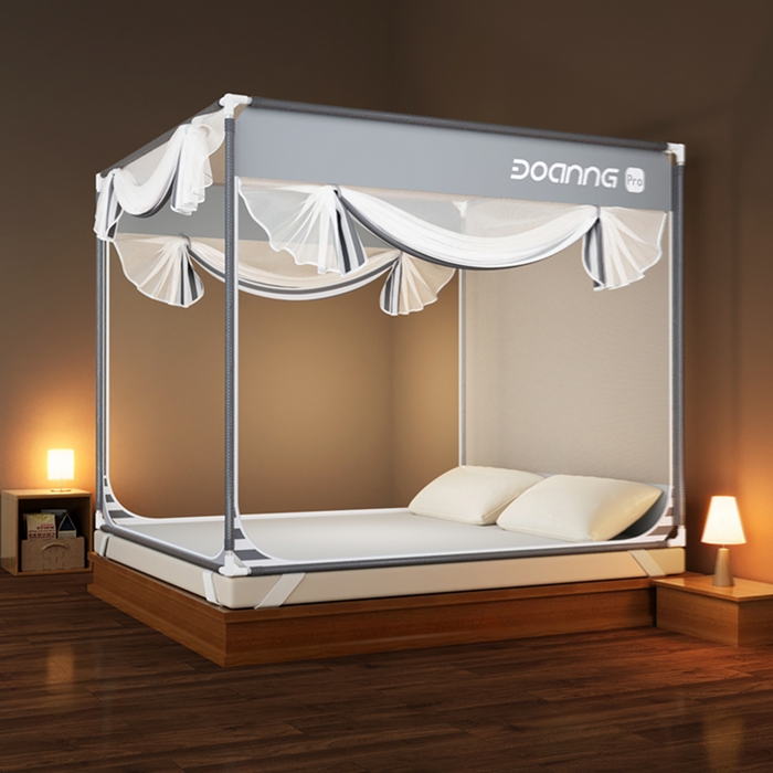 91家纺网 家纺一手货源 找家纺 青竹苑 2026新款三门全底外穿坐床式蚊帐儿童防摔防蚊拉链方帐 夜光灰