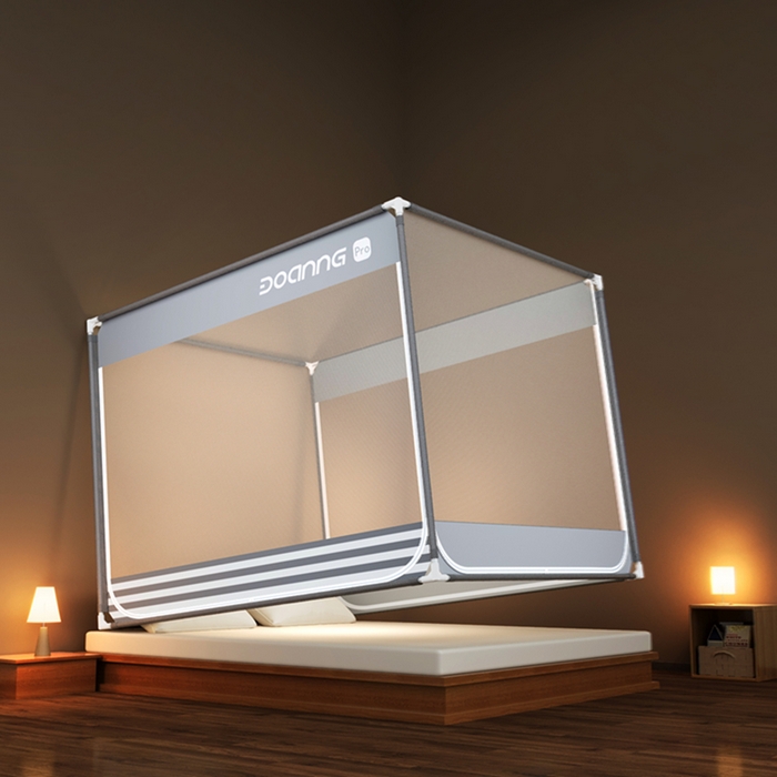 91家纺网 家纺一手货源 找家纺 青竹苑 2026新款三门全底外穿坐床式蚊帐儿童防摔防蚊拉链方帐 夜光灰