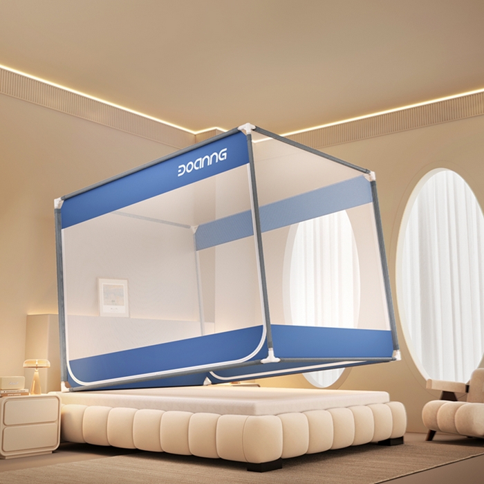 91家纺网 家纺一手货源 找家纺 青竹苑 2026新款双门全底外穿坐床式蚊帐儿童防摔防蚊拉链方帐 宾利蓝