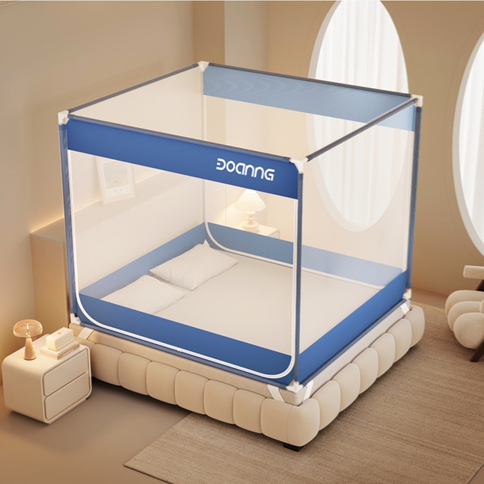 91家纺网 家纺一手货源 找家纺 青竹苑 2026新款双门全底外穿坐床式蚊帐儿童防摔防蚊拉链方帐 宾利蓝