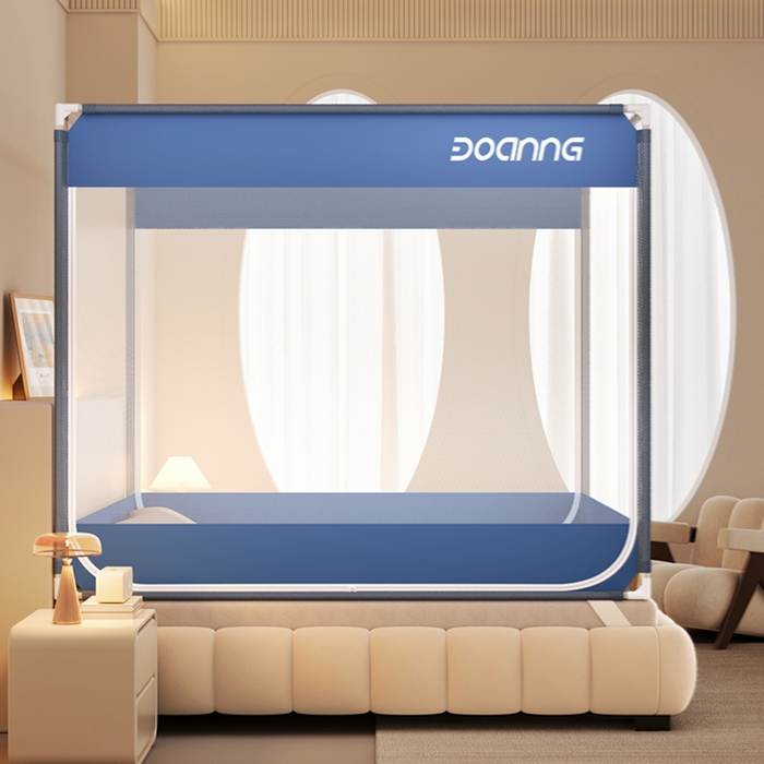 91家纺网 家纺一手货源 找家纺 青竹苑 2026新款双门全底外穿坐床式蚊帐儿童防摔防蚊拉链方帐 宾利蓝