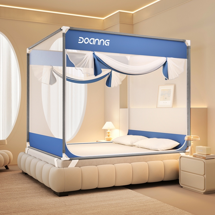 91家纺网 家纺一手货源 找家纺 青竹苑 2026新款双门全底外穿坐床式蚊帐儿童防摔防蚊拉链方帐 宾利蓝