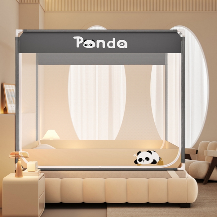 91家纺网 家纺一手货源 找家纺 青竹苑 2026新款双门全底外穿坐床式蚊帐儿童防摔防蚊拉链方帐 大熊猫