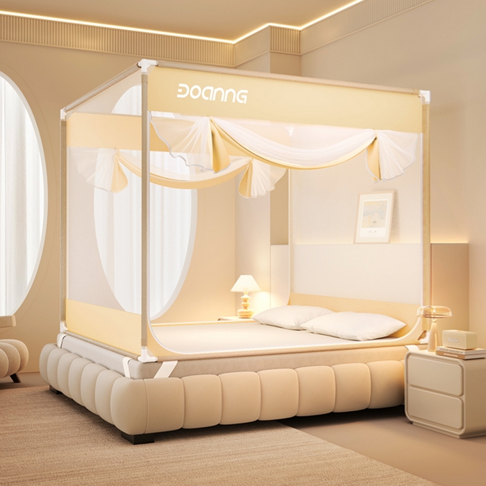 91家纺网 家纺一手货源 找家纺 青竹苑 2026新款双门全底外穿坐床式蚊帐儿童防摔防蚊拉链方帐 简约咖