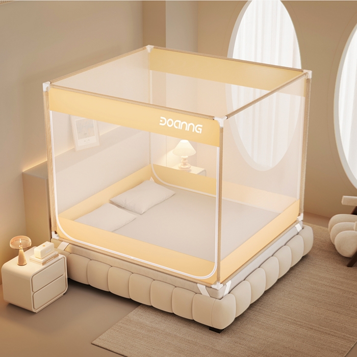 91家纺网 家纺一手货源 找家纺 青竹苑 2026新款双门全底外穿坐床式蚊帐儿童防摔防蚊拉链方帐 简约咖