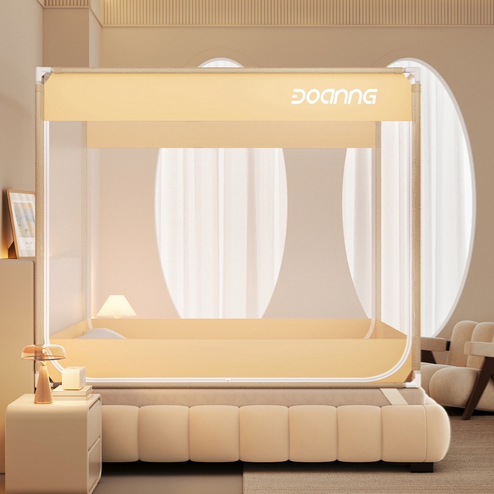 91家纺网 家纺一手货源 找家纺 青竹苑 2026新款双门全底外穿坐床式蚊帐儿童防摔防蚊拉链方帐 简约咖