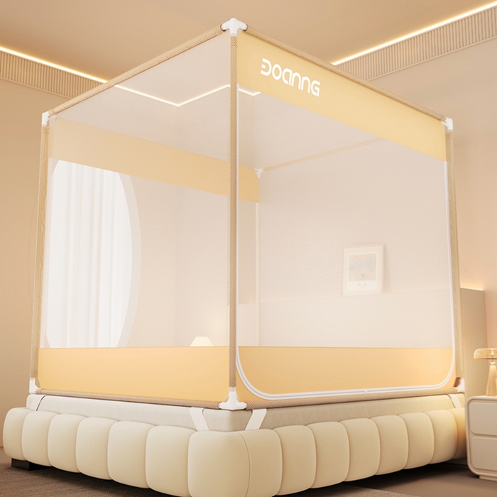 91家纺网 家纺一手货源 找家纺 青竹苑 2026新款双门全底外穿坐床式蚊帐儿童防摔防蚊拉链方帐 简约咖