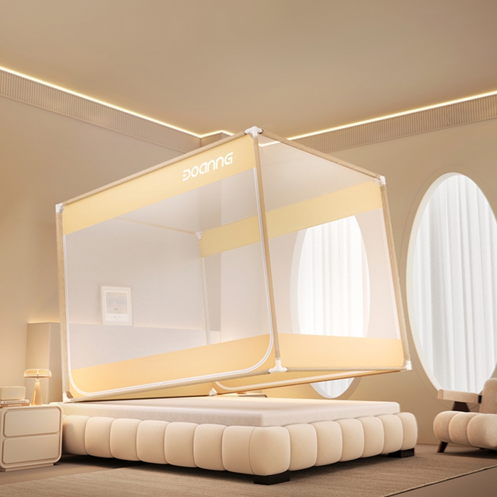 91家纺网 家纺一手货源 找家纺 青竹苑 2026新款双门全底外穿坐床式蚊帐儿童防摔防蚊拉链方帐 简约咖