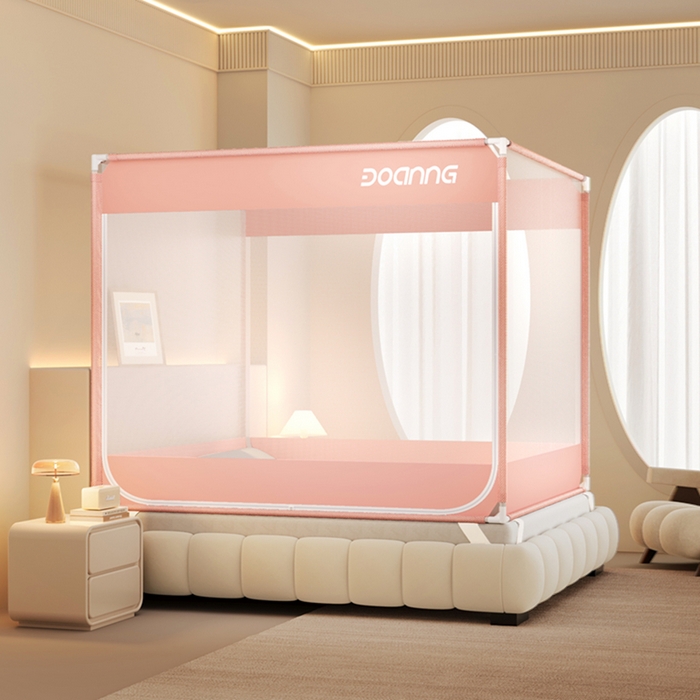 青竹苑 2026新款双门全底外穿坐床式蚊帐儿童防摔防蚊拉链方帐 可爱粉