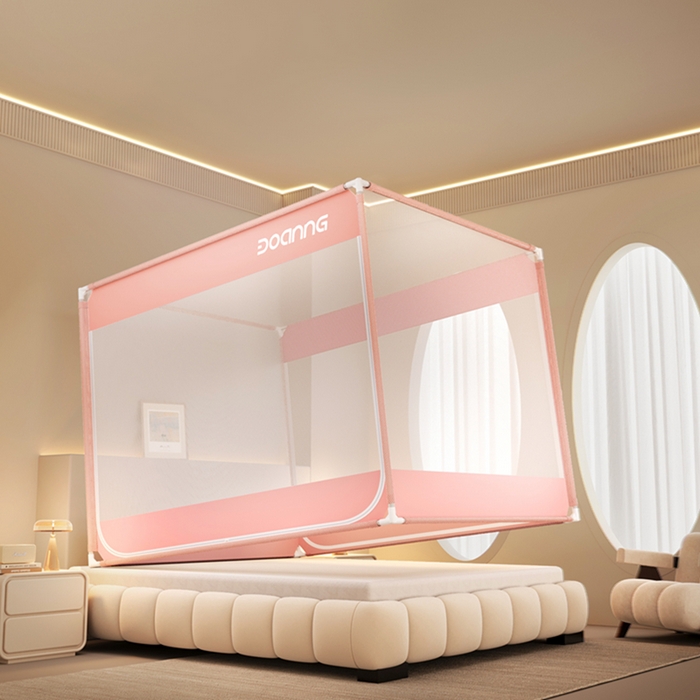 91家纺网 家纺一手货源 找家纺 青竹苑 2026新款双门全底外穿坐床式蚊帐儿童防摔防蚊拉链方帐 可爱粉