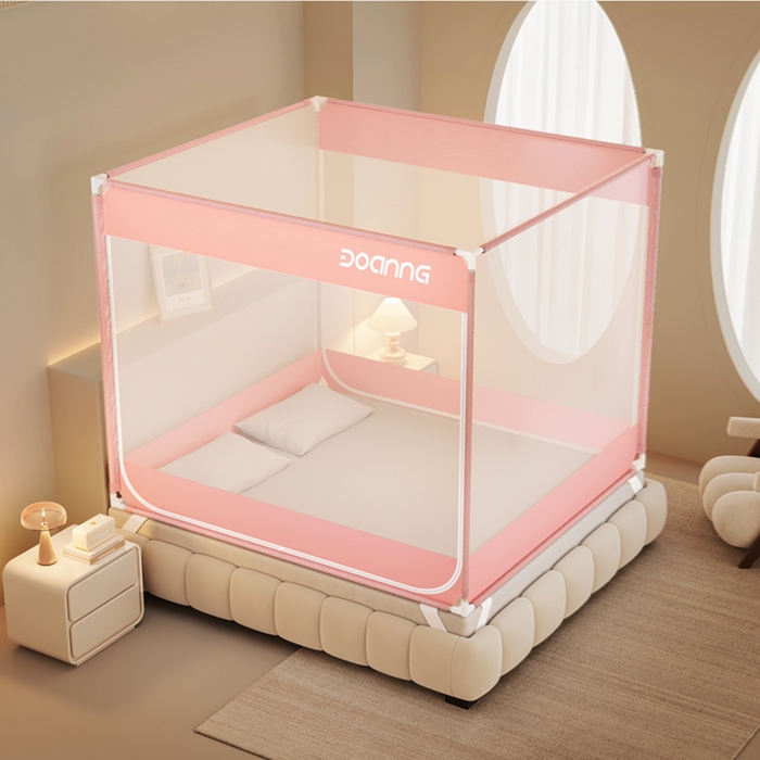 91家纺网 家纺一手货源 找家纺 青竹苑 2026新款双门全底外穿坐床式蚊帐儿童防摔防蚊拉链方帐 可爱粉