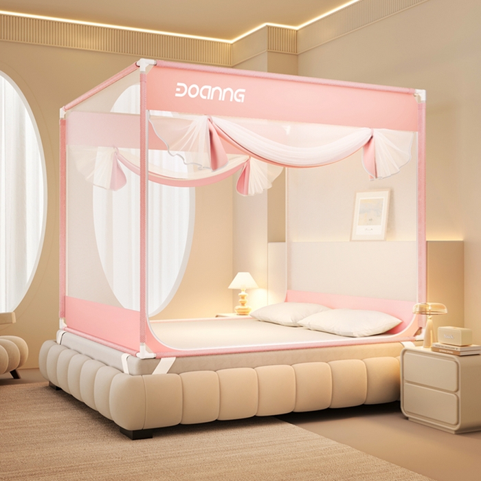 91家纺网 家纺一手货源 找家纺 青竹苑 2026新款双门全底外穿坐床式蚊帐儿童防摔防蚊拉链方帐 可爱粉