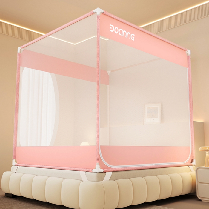 91家纺网 家纺一手货源 找家纺 青竹苑 2026新款双门全底外穿坐床式蚊帐儿童防摔防蚊拉链方帐 可爱粉