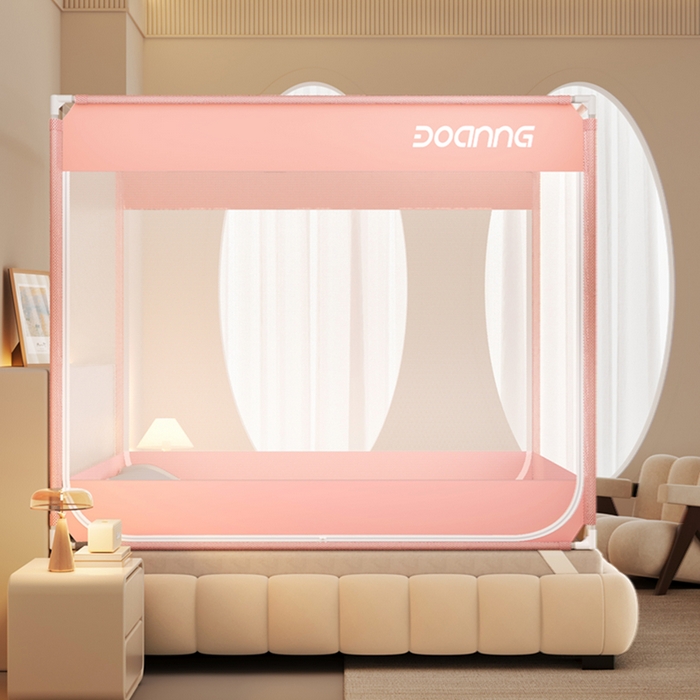 91家纺网 家纺一手货源 找家纺 青竹苑 2026新款双门全底外穿坐床式蚊帐儿童防摔防蚊拉链方帐 可爱粉