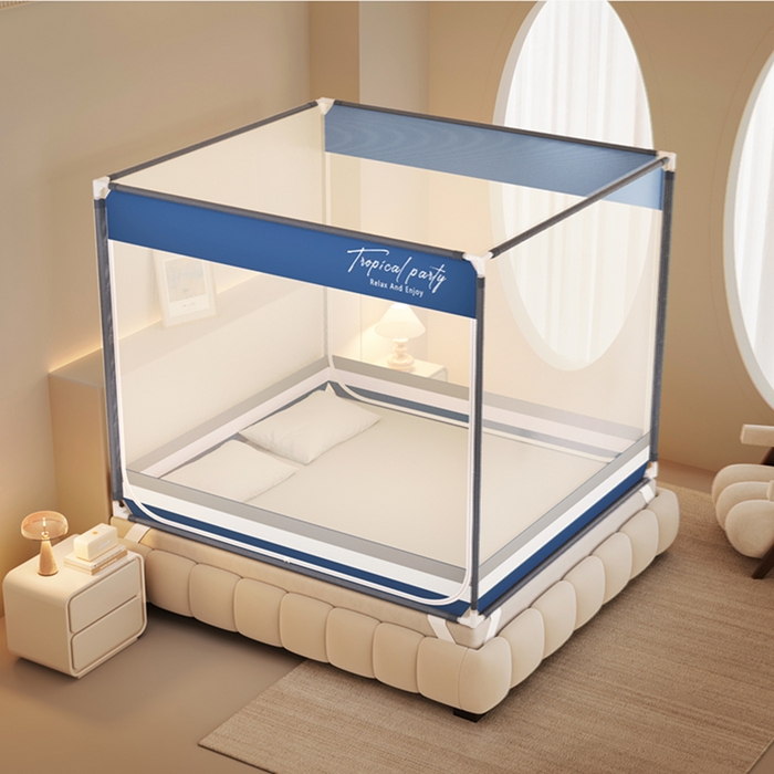 91家纺网 家纺一手货源 找家纺 青竹苑 2026新款双门全底外穿坐床式蚊帐儿童防摔防蚊拉链方帐 黎明蓝