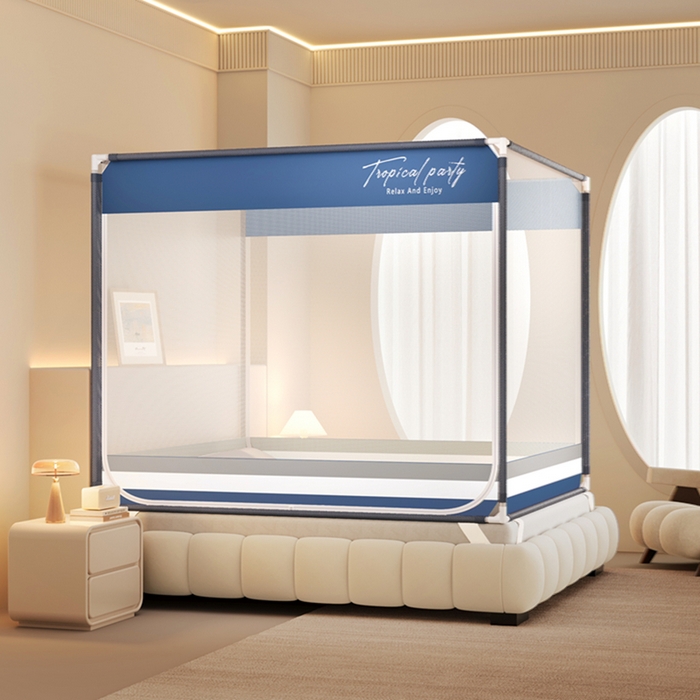 青竹苑 2026新款双门全底外穿坐床式蚊帐儿童防摔防蚊拉链方帐 黎明蓝