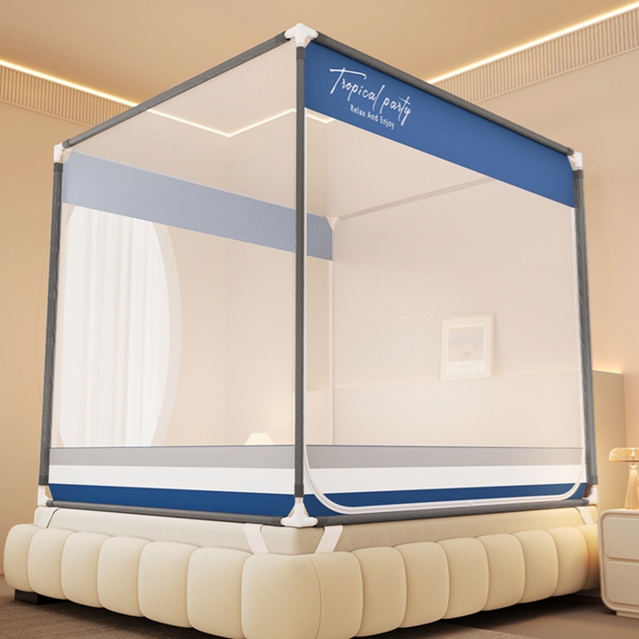 91家纺网 家纺一手货源 找家纺 青竹苑 2026新款双门全底外穿坐床式蚊帐儿童防摔防蚊拉链方帐 黎明蓝