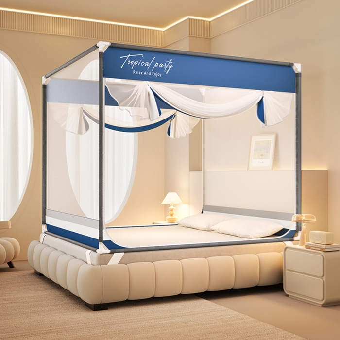 91家纺网 家纺一手货源 找家纺 青竹苑 2026新款双门全底外穿坐床式蚊帐儿童防摔防蚊拉链方帐 黎明蓝