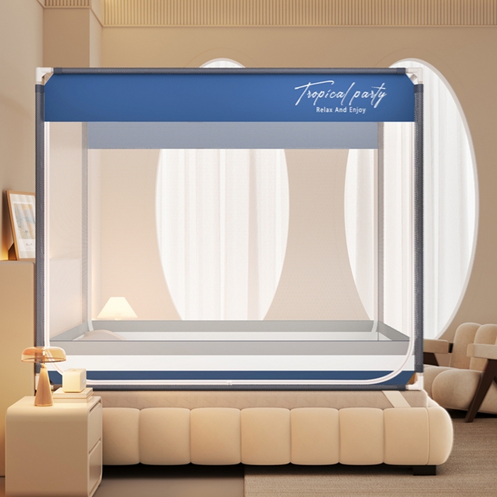 91家纺网 家纺一手货源 找家纺 青竹苑 2026新款双门全底外穿坐床式蚊帐儿童防摔防蚊拉链方帐 黎明蓝