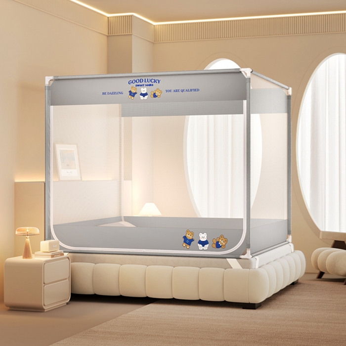 青竹苑 2026新款双门全底外穿坐床式蚊帐儿童防摔防蚊拉链方帐 三只熊