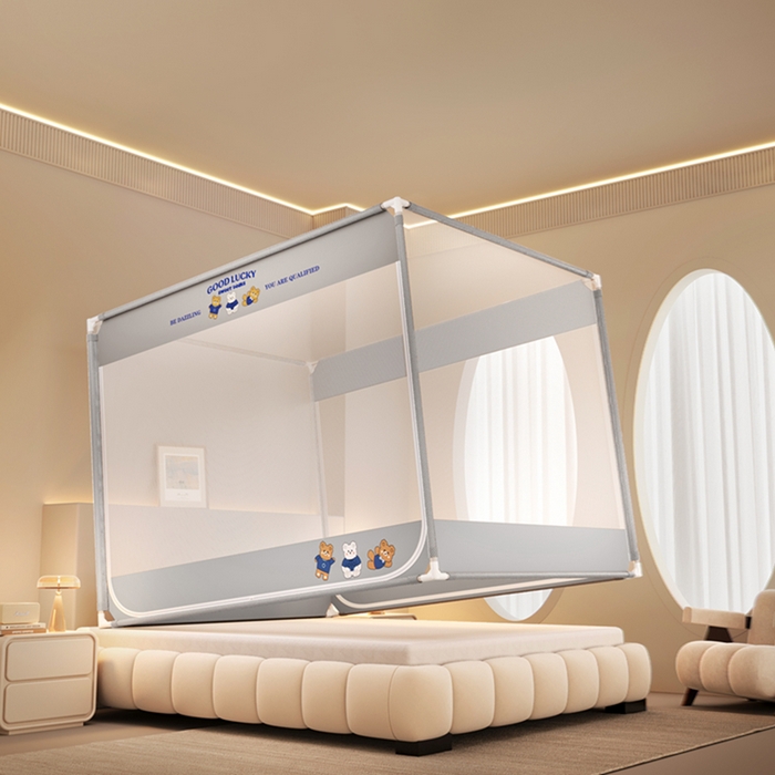 91家纺网 家纺一手货源 找家纺 青竹苑 2026新款双门全底外穿坐床式蚊帐儿童防摔防蚊拉链方帐 三只熊