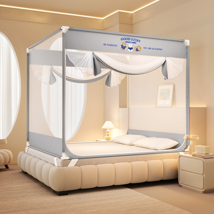 91家纺网 家纺一手货源 找家纺 青竹苑 2026新款双门全底外穿坐床式蚊帐儿童防摔防蚊拉链方帐 三只熊