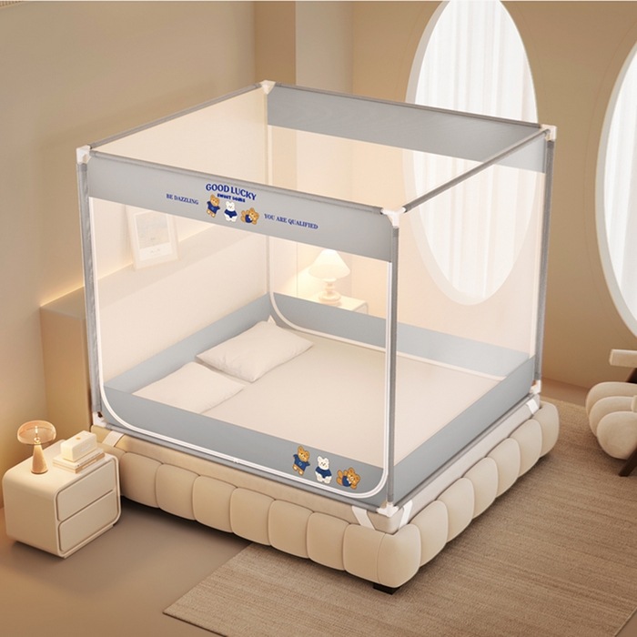 91家纺网 家纺一手货源 找家纺 青竹苑 2026新款双门全底外穿坐床式蚊帐儿童防摔防蚊拉链方帐 三只熊